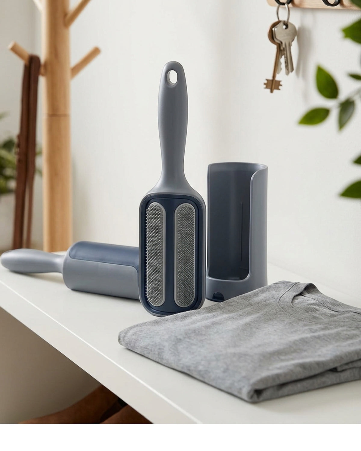 Lonvu Self-Cleaning Reusable Lint Roller with Base Navy Gray - Lifestyle view