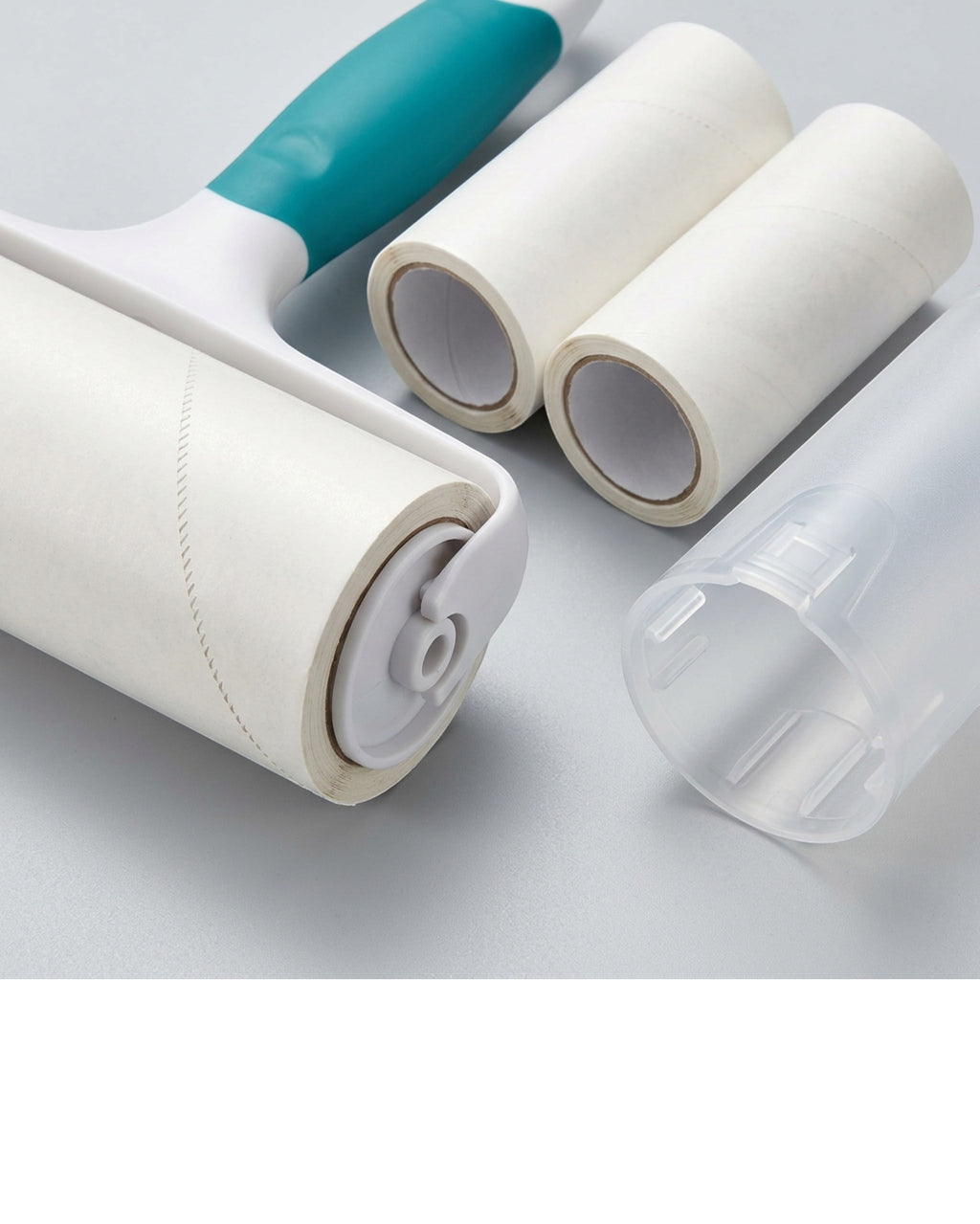 Lonvu Spiral-Cut Adhesive Lint Roller 60 Sheets with Two Refills White Teal - Detail view