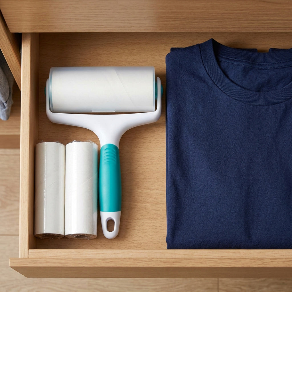 Lonvu Spiral-Cut Adhesive Lint Roller 60 Sheets with Two Refills White Teal - Lifestyle view